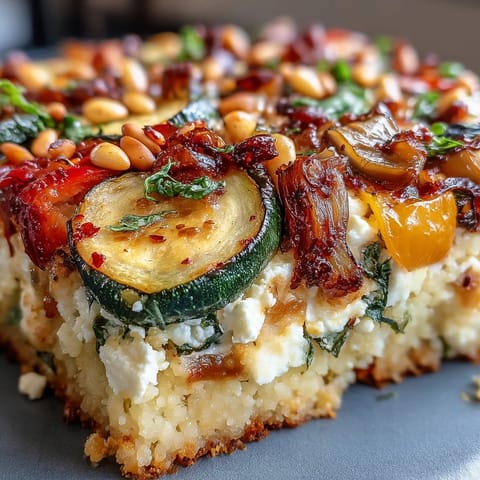 Golden roasted vegetables and fluffy couscous topped with bubbly, melted feta cheese in a baking dish.
