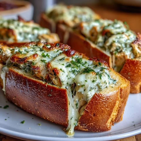 Golden toasted garlic bread boats filled with savory pesto chicken and melted mozzarella cheese on a baking sheet.