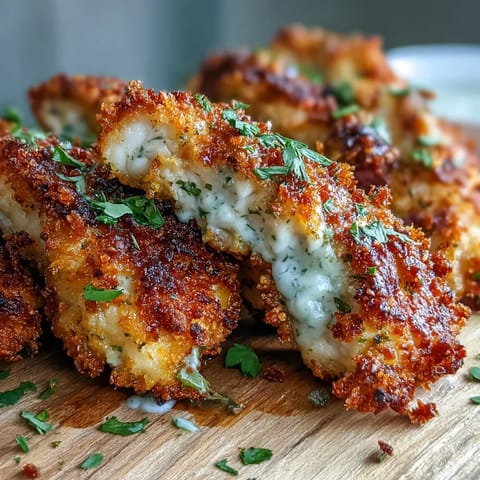 Freshly baked Crispy Panko Ranch Chicken Tenders served with creamy ranch dipping sauce on a rustic plate.