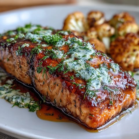 Keto Herb Butter Salmon with Roasted Cauliflower, a golden low-carb dish with flaky salmon and tender roasted veggies.  