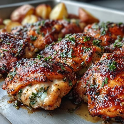Vibrant sheet pan lemon garlic chicken with golden potatoes and crisp green beans, perfect for a healthy weeknight dinner.