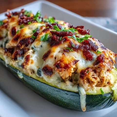 Delicious keto creamy garlic chicken zucchini boats baked to golden perfection with melted cheese and savory filling.  