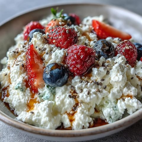 Creamy cottage cheese topped with vibrant mixed berries and crunchy sunflower and pumpkin seeds for a refreshing, protein-packed snack.  
