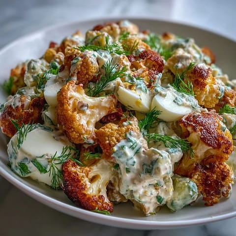Keto cauliflower potato salad with dill pickles and eggs, served in a white bowl with fresh dill garnish.  