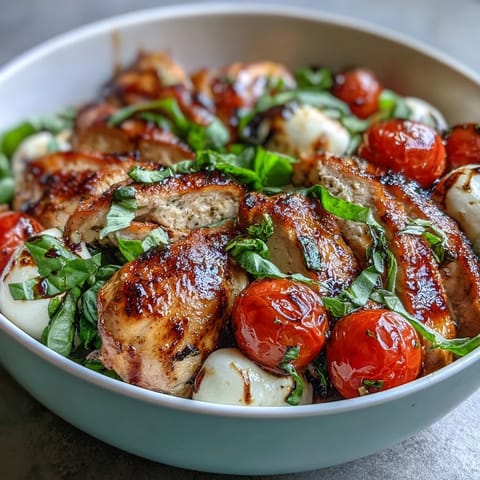 Grilled Chicken Caprese Bowls with Balsamic Reduction featuring juicy chicken, fresh mozzarella, and basil atop a bed of greens.