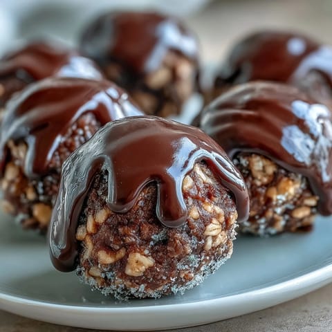 Close-up of vegan chocolate peanut butter protein balls rolled in oats and cocoa, perfect for healthy snacking.