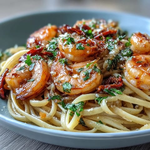 Vibrant plate of chili-garlic shrimp linguine featuring tender shrimp, zesty lemon, and a kick of red chili, perfect for pasta lovers.  
