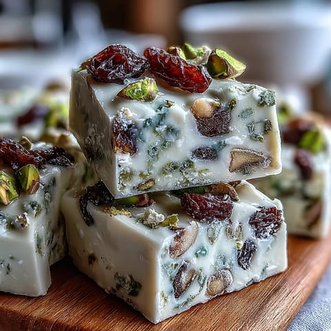 Creamy white chocolate topped with crunchy pistachios and colorful dried cranberries, a delightful homemade dessert.