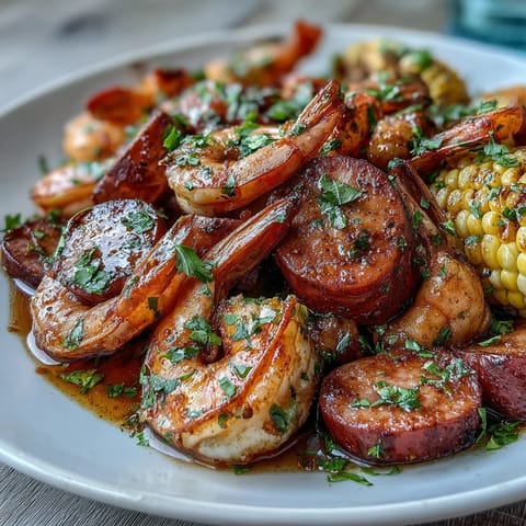 A vibrant Cajun shrimp and sausage boil with juicy shrimp, spicy andouille, and sweet corn, all infused with bold Creole seasoning and fresh lemon.