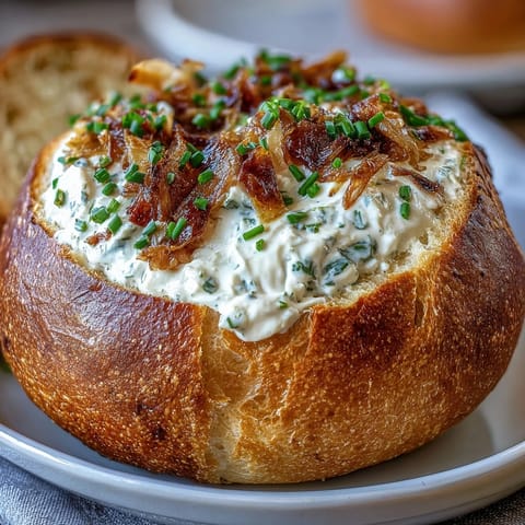 Golden caramelized onions blended into a rich, creamy dip served inside a rustic sourdough bread bowl for easy scooping.
