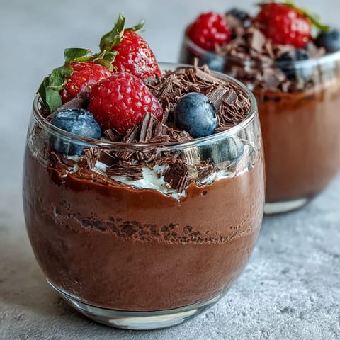 Creamy cottage cheese chocolate mousse with fresh berries, a high-protein dessert blending rich cocoa and tangy fruit.