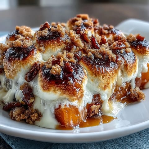 Classic candied yams with marshmallow pecan crumble, tender sweet potatoes baked in spiced brown sugar glaze and topped with gooey marshmallows.