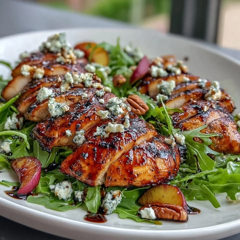Juicy grilled chicken breast slices paired with caramelized peaches and crisp arugula, accented by red onion and feta cheese, drizzled with balsamic reduction.  