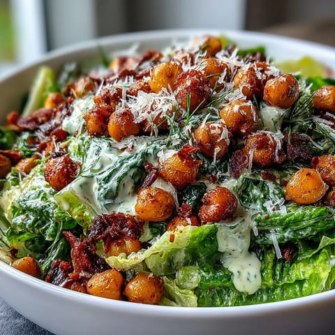 Crispy roasted chickpeas add crunch to this vegan Caesar salad with creamy cashew dressing.  