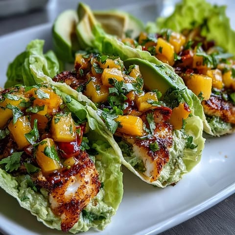 Zesty grilled white fish topped with vibrant mango salsa and fresh cilantro, served in romaine lettuce cups for a low-carb taco twist.  