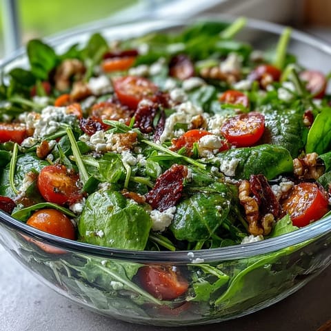 Vibrant spring greens tossed in tangy-sweet honey mustard dressing, garnished with radishes, carrots, and crumbled feta cheese.  