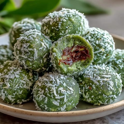 Vibrant green matcha coconut energy balls with oats, rolled in shredded coconut for a healthy snack.  
