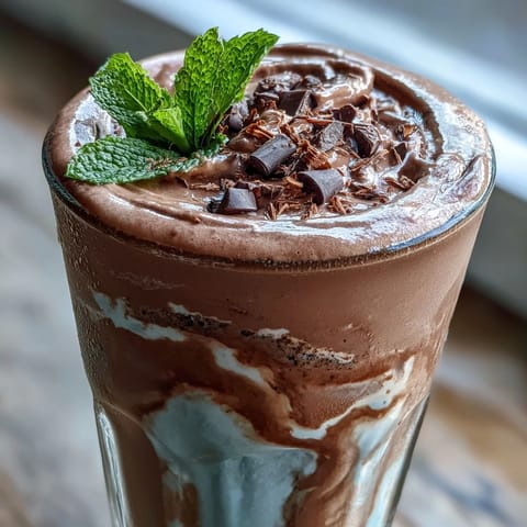 Creamy Mint Chocolate Protein Shake with Frozen Banana in a tall glass, garnished with fresh mint leaves and mini chocolate chips.  