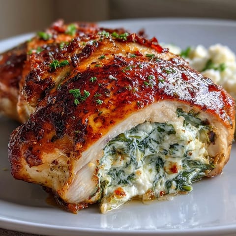 Tender chicken breasts filled with creamy feta, fresh spinach, and herbs, served with roasted vegetables for a wholesome dinner.  