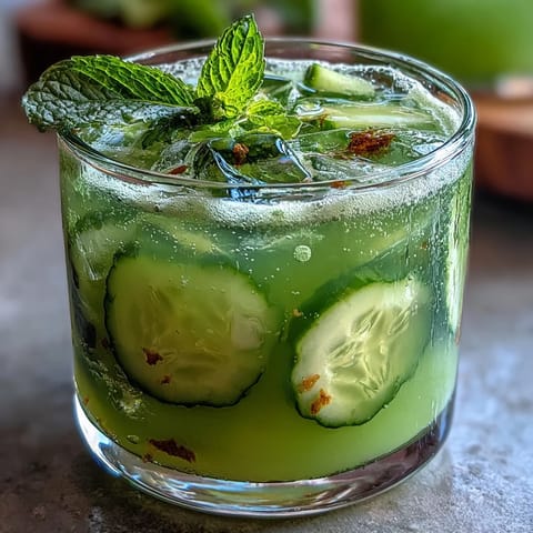 A refreshing blend of cucumber, apple, and ginger detox juice served over ice with lemon slices.