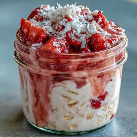 A jar of creamy strawberry coconut overnight oats topped with fresh strawberry slices and shredded coconut for a refreshing, wholesome breakfast.