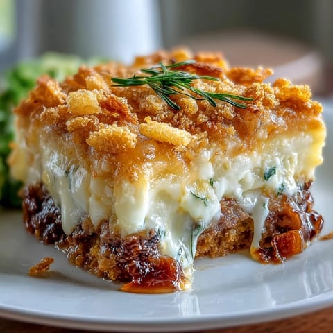 Hearty funeral potatoes shepherds pie mash-up with golden cheesy topping and crunchy cornflake crust.