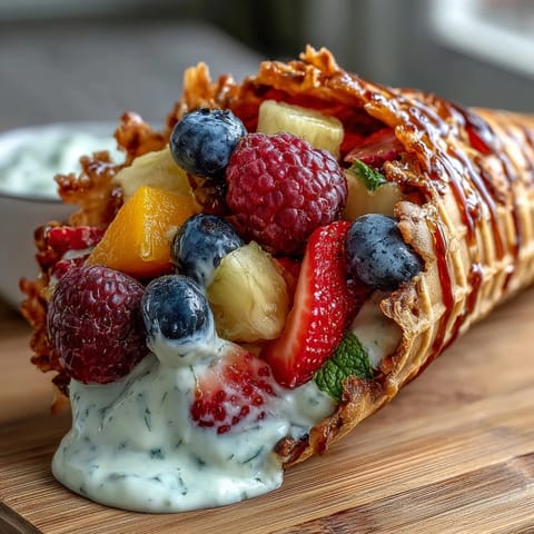 Colorful fruit cones bursting with seasonal berries, mango, and grapes, paired with tangy Greek yogurt dip—perfect for easy summer party snacking.