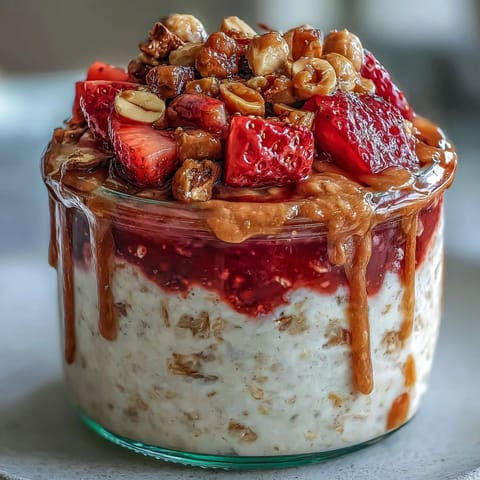A protein-packed jar of strawberry PB&J overnight oats topped with fresh strawberries and chopped peanuts.