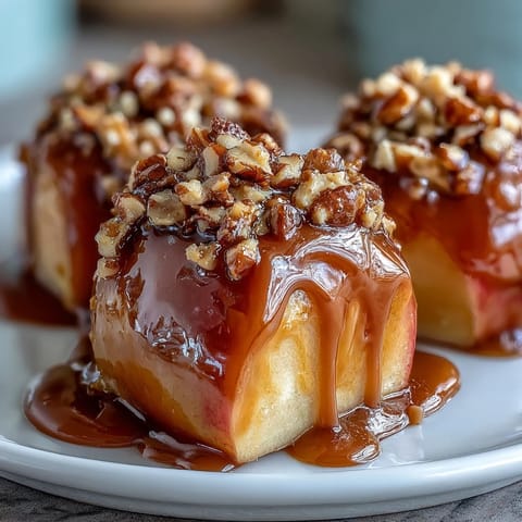 Candy apple slices with peanut butter drizzle on a white plate, caramel-coated apple rounds drizzled with creamy peanut butter and sprinkled with chopped peanuts.