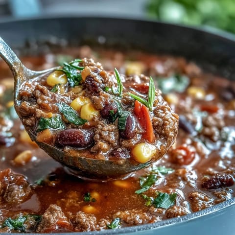 A steaming bowl of hearty taco soup topped with melted cheese and fresh cilantro, showcasing rich Tex-Mex flavors.  