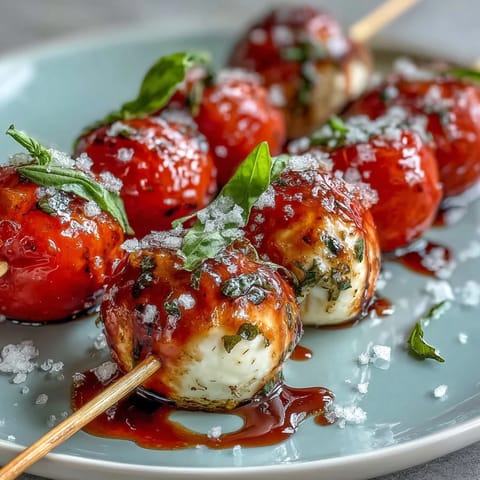 Bridal Shower Caprese Skewers with cherry tomatoes, fresh mozzarella, and basil drizzled with balsamic glaze.  