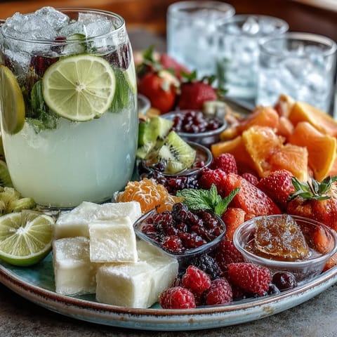 Vibrant summer lemonade bar with fresh fruit slices, herbs, and chilled lemonade for a refreshing party drink station.  