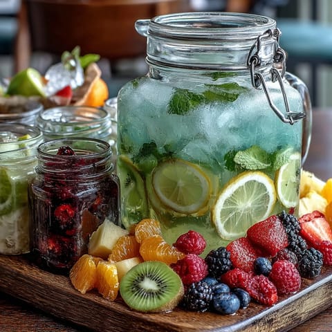 Colorful lemonade bar setup featuring strawberries, blueberries, and mint leaves alongside icy-cold lemonade for guest customization.  
