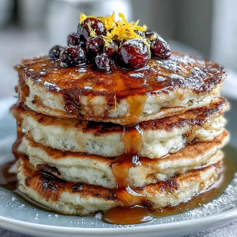 Fluffy lemon blueberry sourdough pancakes drizzled with maple syrup, showcasing golden edges and vibrant fruit toppings on a rustic plate.