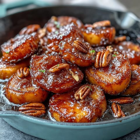 Soul Food Candied Yams Skillet with Brown Sugar, glazed in rich buttery syrup, topped with chopped pecans.