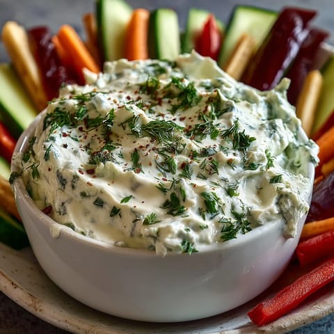 Protein-packed cottage cheese ranch dip with fresh herbs, paired with crunchy carrot and bell pepper sticks.  