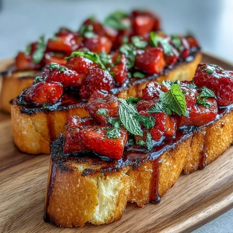 Fresh Strawberry Bruschetta with Balsamic and Mint - a vibrant summer appetizer of juicy strawberries, mint, and balsamic drizzle on golden toasted baguette slices.