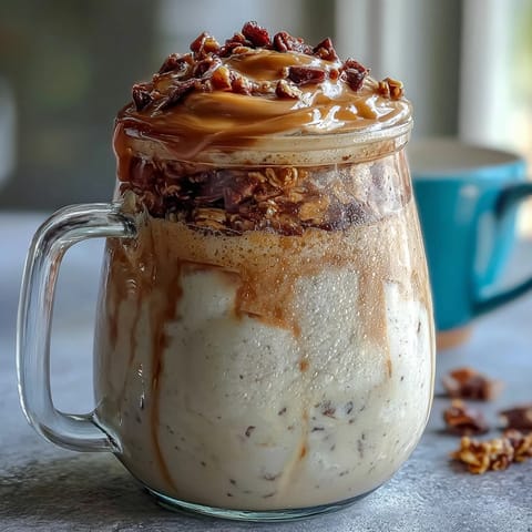 Creamy Vanilla Bean Frappuccino overnight oats jar with vanilla bean specks and a coffee swirl, topped with whipped cream and chocolate chips.