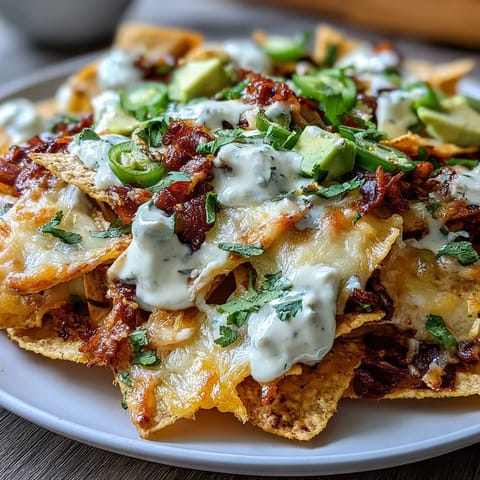 Crispy tortilla chips smothered in a rich, creamy cheese sauce, topped with fresh tomatoes, jalapeños, and avocado for a perfect game day snack.