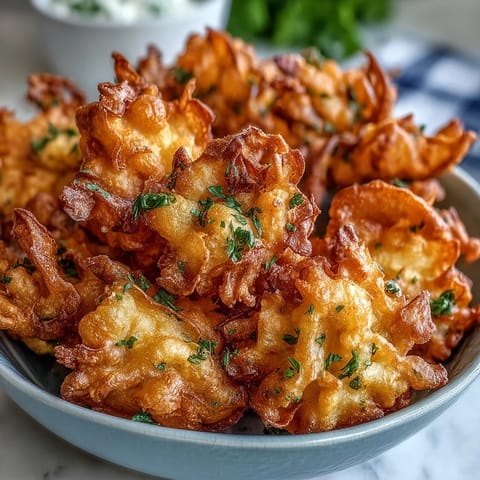 Light and airy dandelion flower fritters with a golden crust, paired with a tangy, fresh herb yogurt dip.  