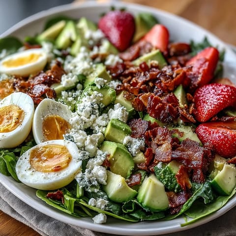 Spring Cobb Salad with Strawberries and Avocado: a colorful mix of fresh greens, juicy berries, creamy avocado, and tangy feta cheese.