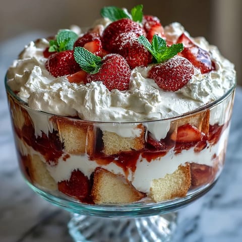 Layered strawberry shortcake trifle with fresh strawberries and whipped cream, perfect for Mother's Day dessert.  