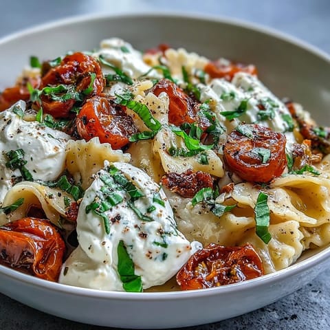 Creamy burrata melts over al dente pasta tossed with ripe cherry tomatoes and fresh basil in this Caprese pasta recipe.