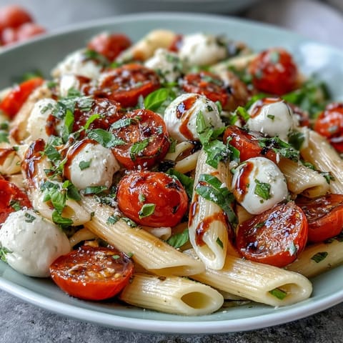 Caprese pasta salad with fresh tomatoes, mozzarella, and basil, perfect for summer gatherings or light lunches.