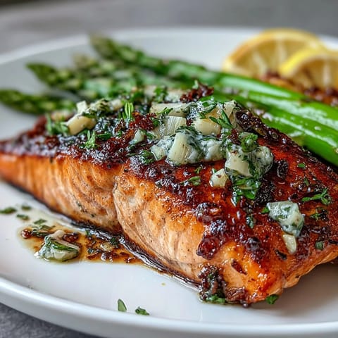 Garlic butter salmon fillets with asparagus, seared to perfection and drizzled with a rich, aromatic garlic butter sauce.