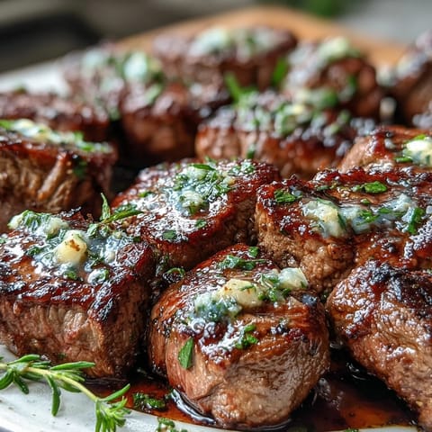 One-pan garlic herb steak bites sizzling in a cast iron skillet with fresh parsley and thyme.