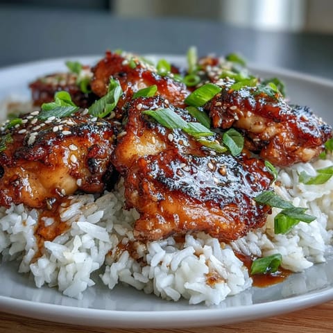 Aromatic honey garlic chicken with tender thighs glazed in sweet sauce over steaming jasmine rice.