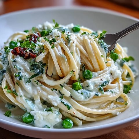 Creamy ricotta and lemon linguine with sweet peas, bright and fresh for a perfect spring dinner.  