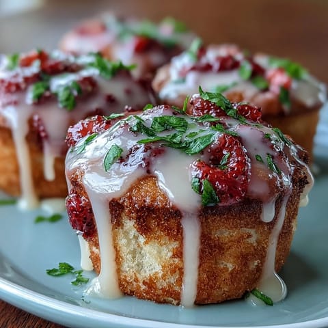 Fluffy strawberry lemon muffins with juicy berries and bright citrus flavor, topped with a tangy lemon glaze.  