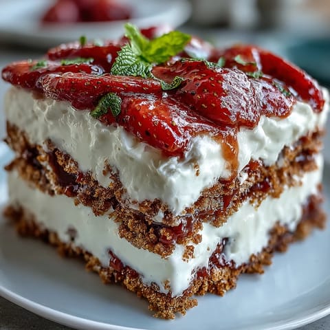 Fresh strawberries crown this no-bake icebox cake, ready for summer picnics.